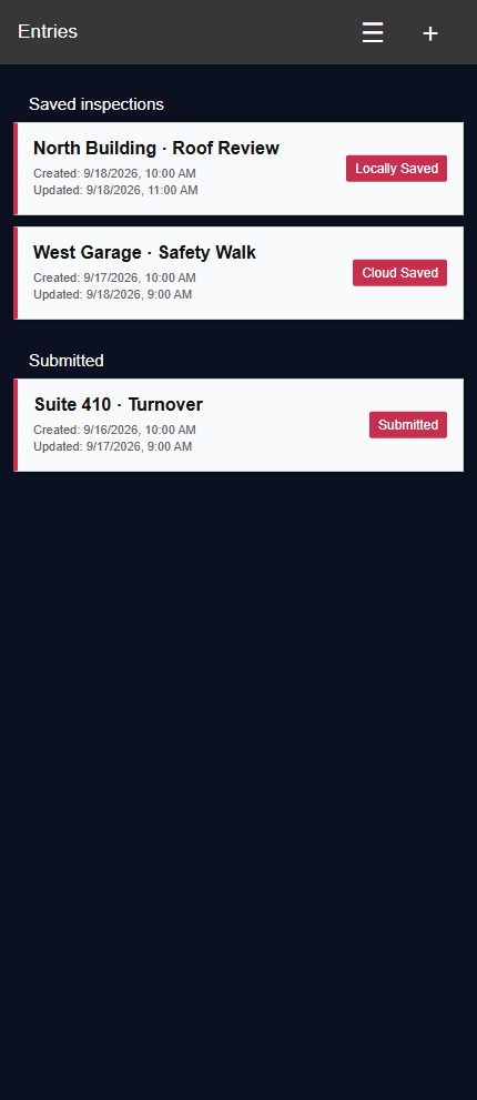 Handteq saved inspection entries with local and submitted status
