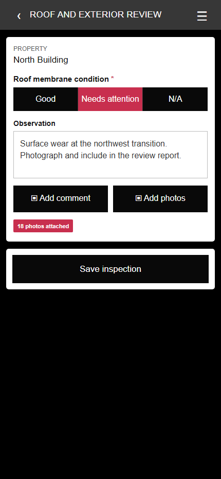 Handteq mobile inspection form showing a property condition review with photo evidence