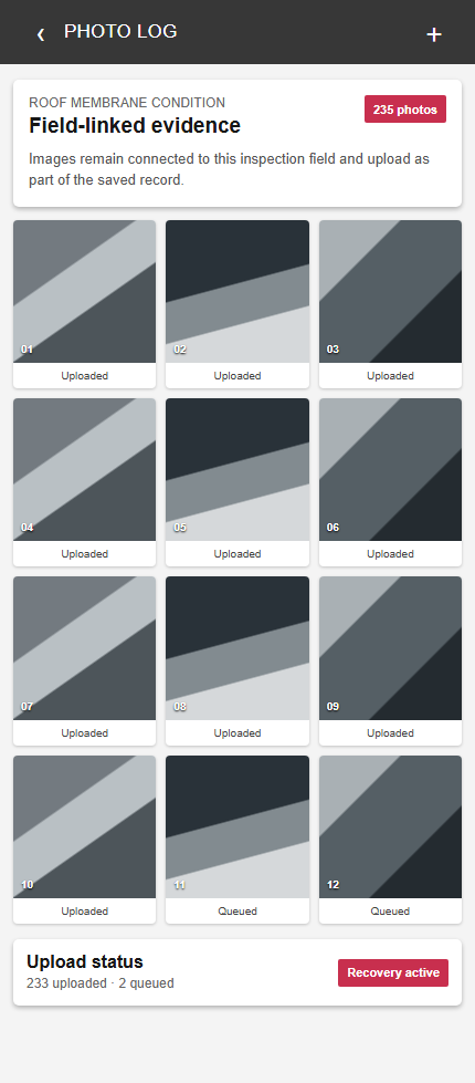 Handteq photo log showing field-linked images and upload recovery status