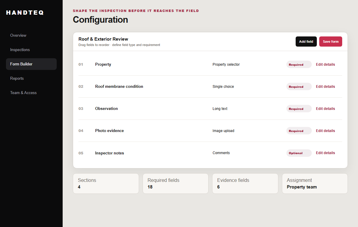 Handteq management form builder with configurable inspection fields and requirements