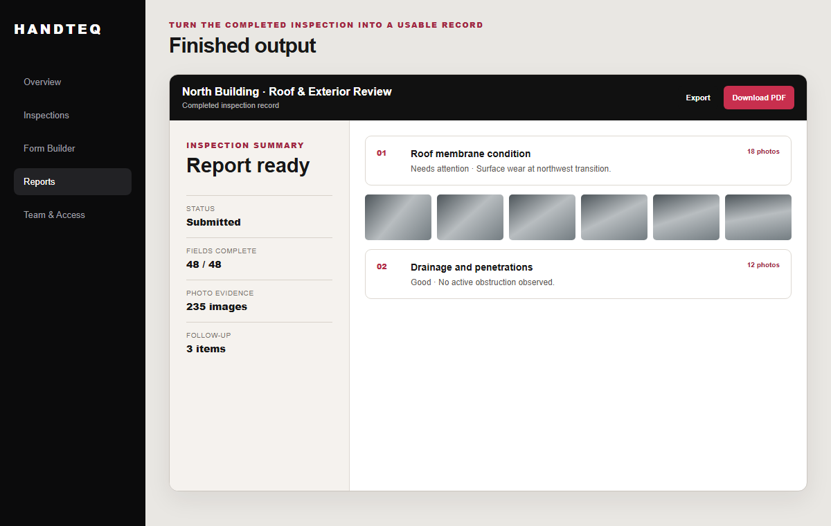 Handteq finished commercial property inspection report with summary, findings, and photo evidence