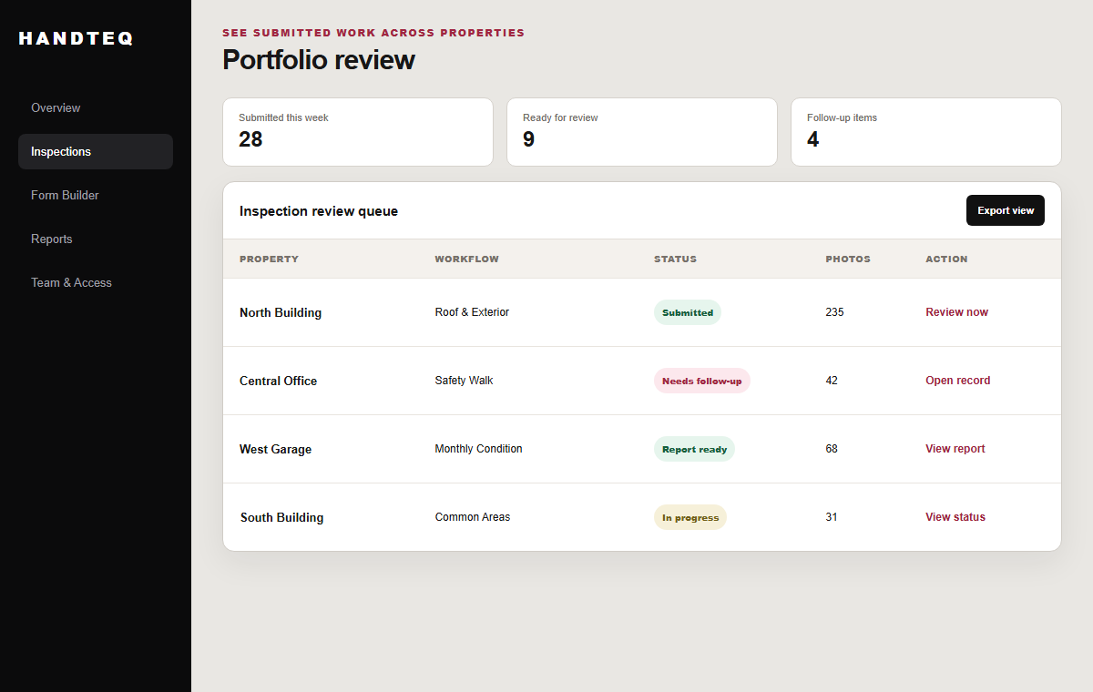 Handteq management review queue comparing submitted inspections across properties
